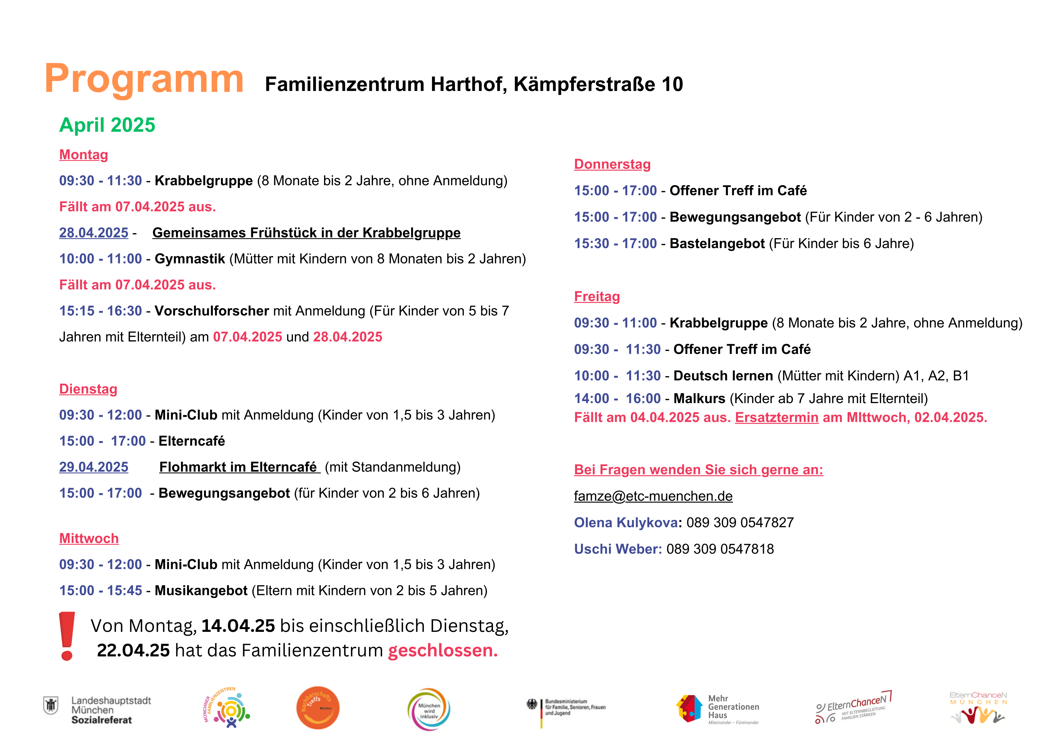 Programm April 2025 Familienzentrum Harthof
